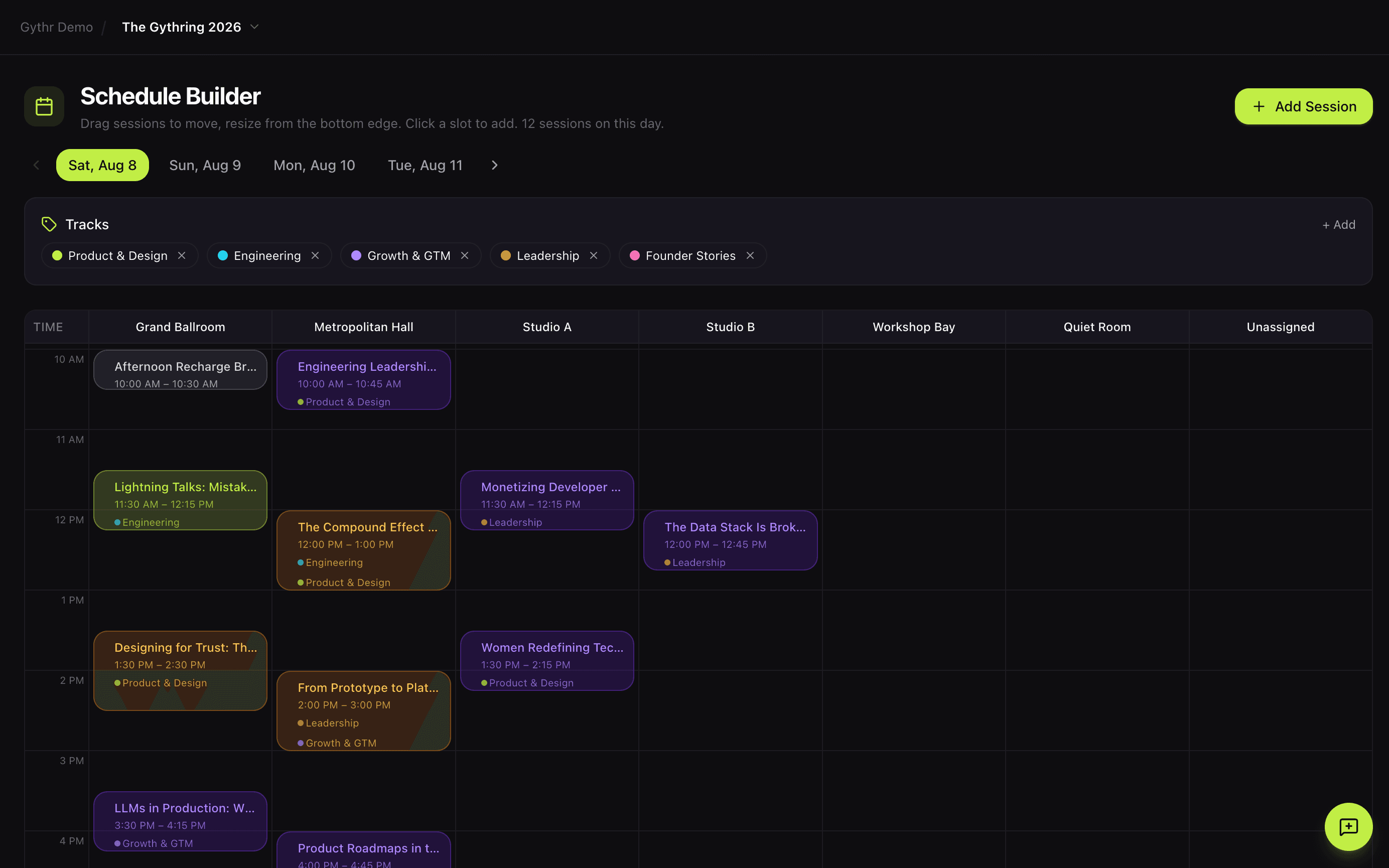 Gythr Agenda Schedule Builder for The Gythring 2026, with sessions laid out across seven rooms and five colour-coded tracks on a multi-day grid.