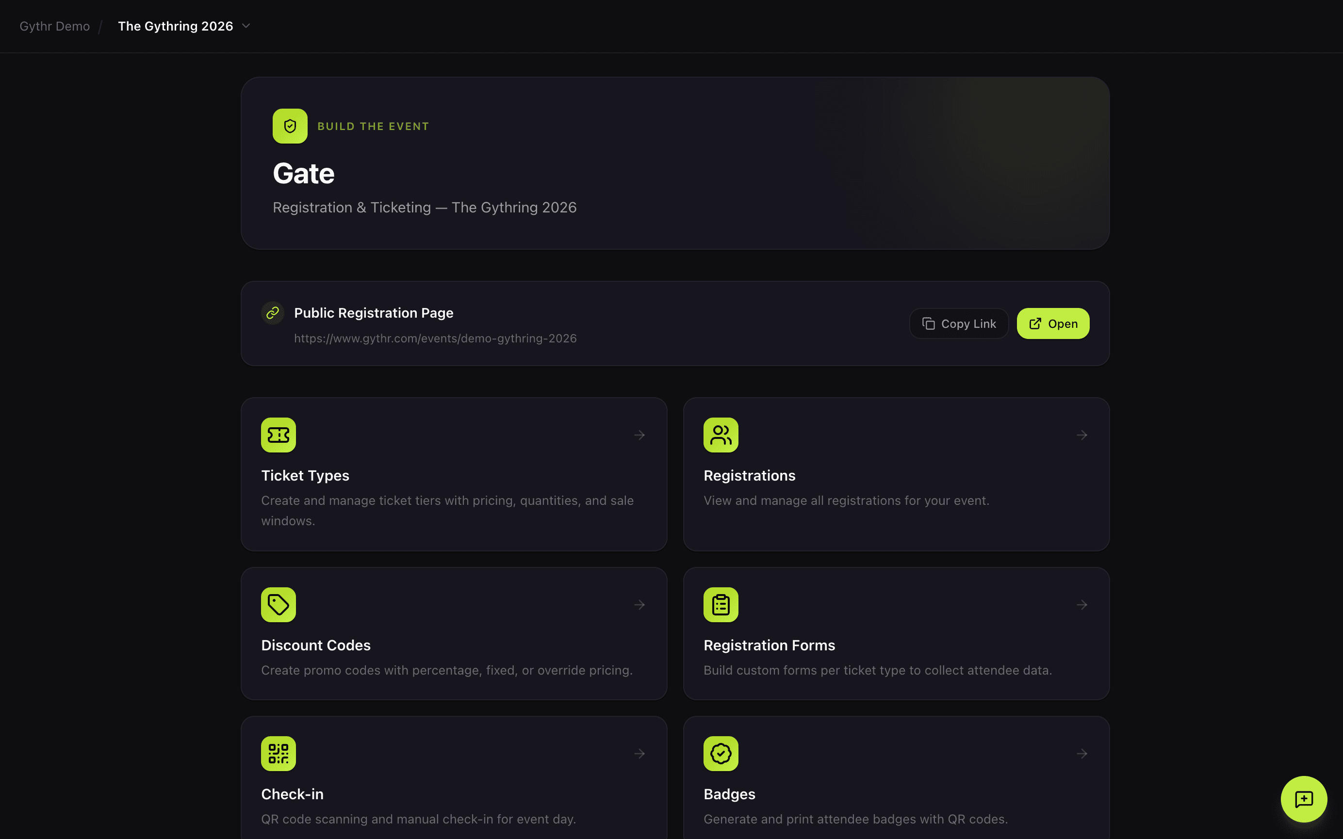 Gythr Gate for The Gythring 2026, showing the public registration page link alongside cards for ticket types, registrations, discount codes, registration forms, check-in and badges.