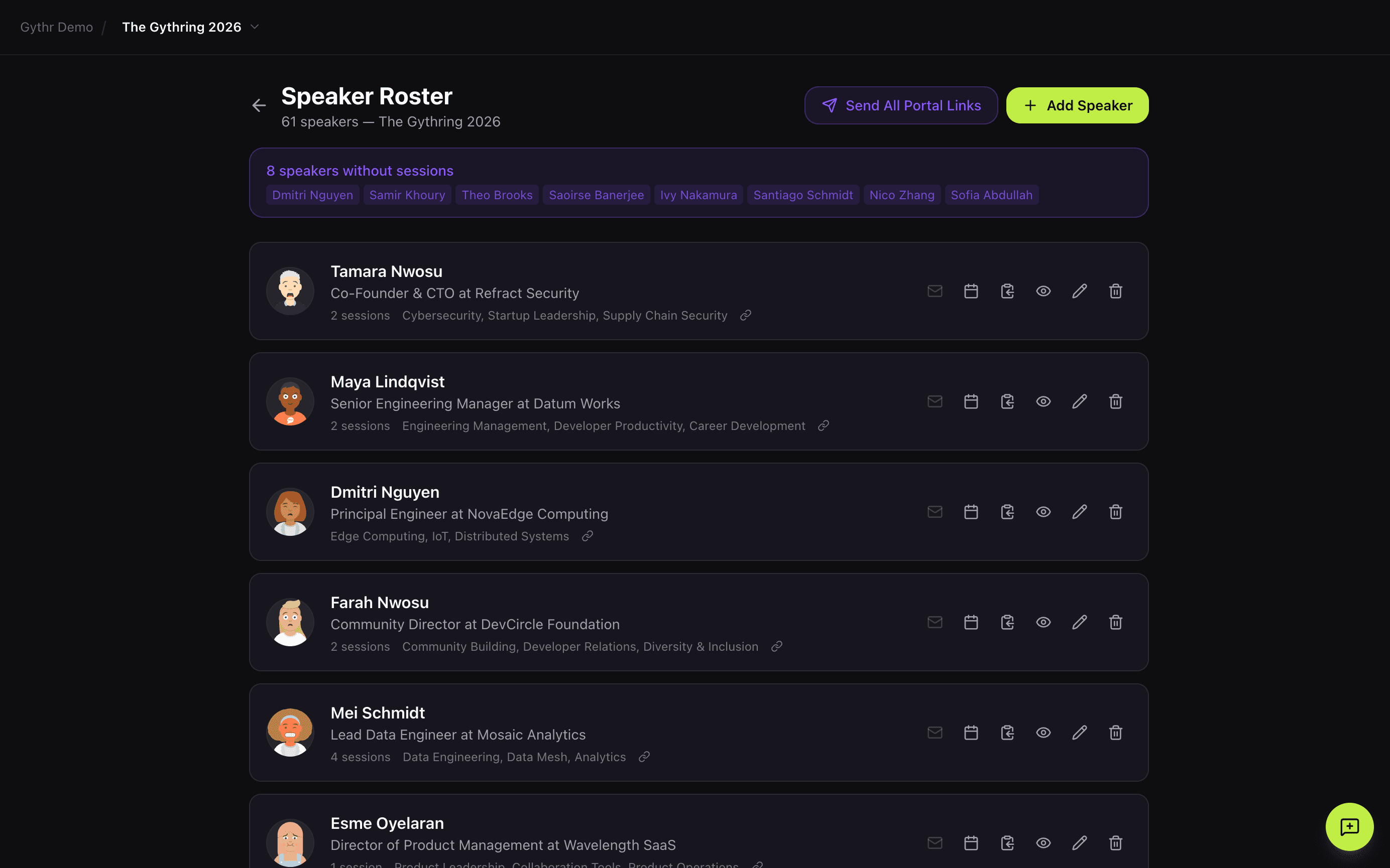 Gythr Stage speaker roster for The Gythring 2026, listing 61 speakers with their titles, session counts and topic tags.