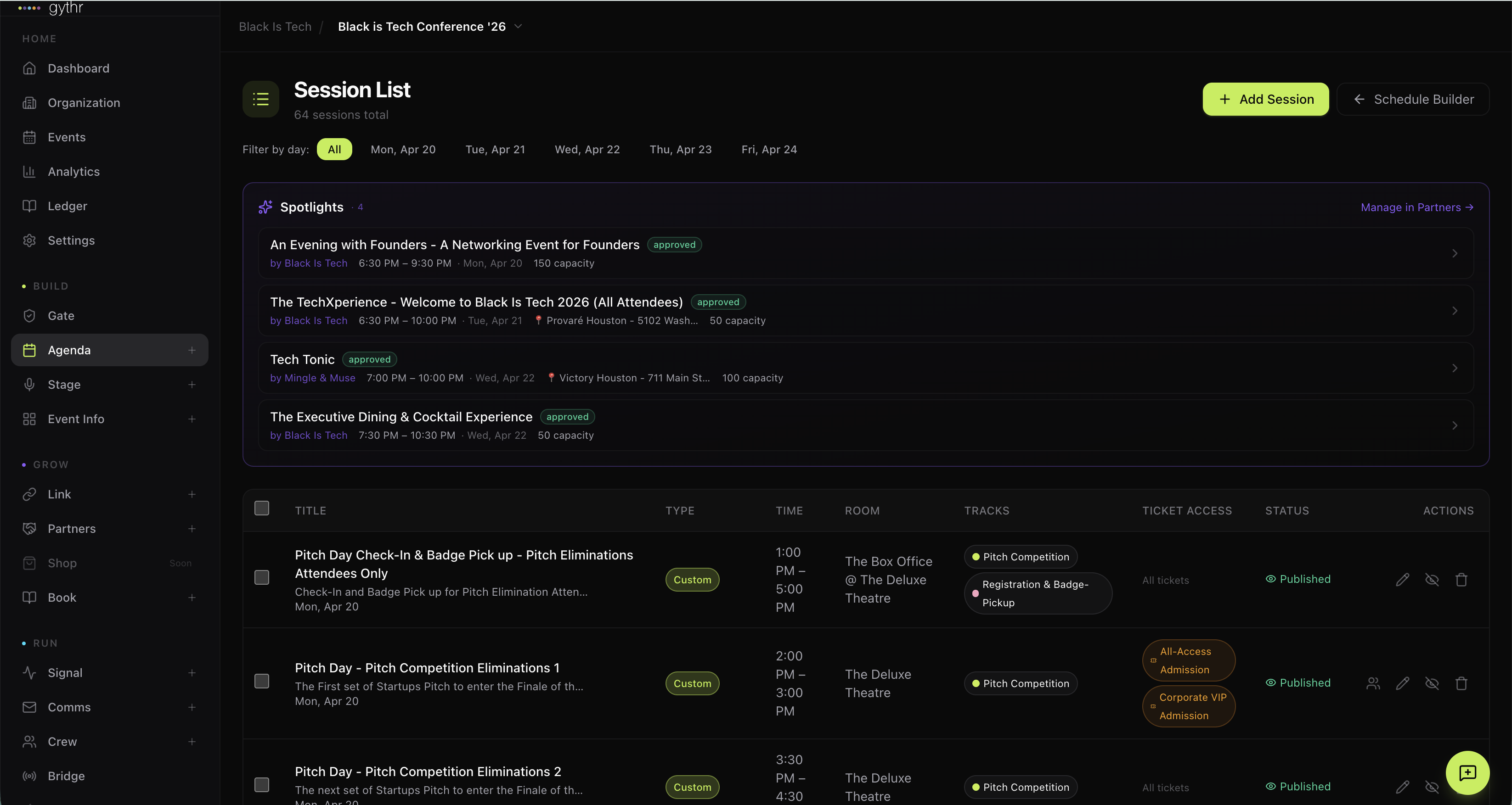 Agenda session list with day filters, spotlights, and ticket access