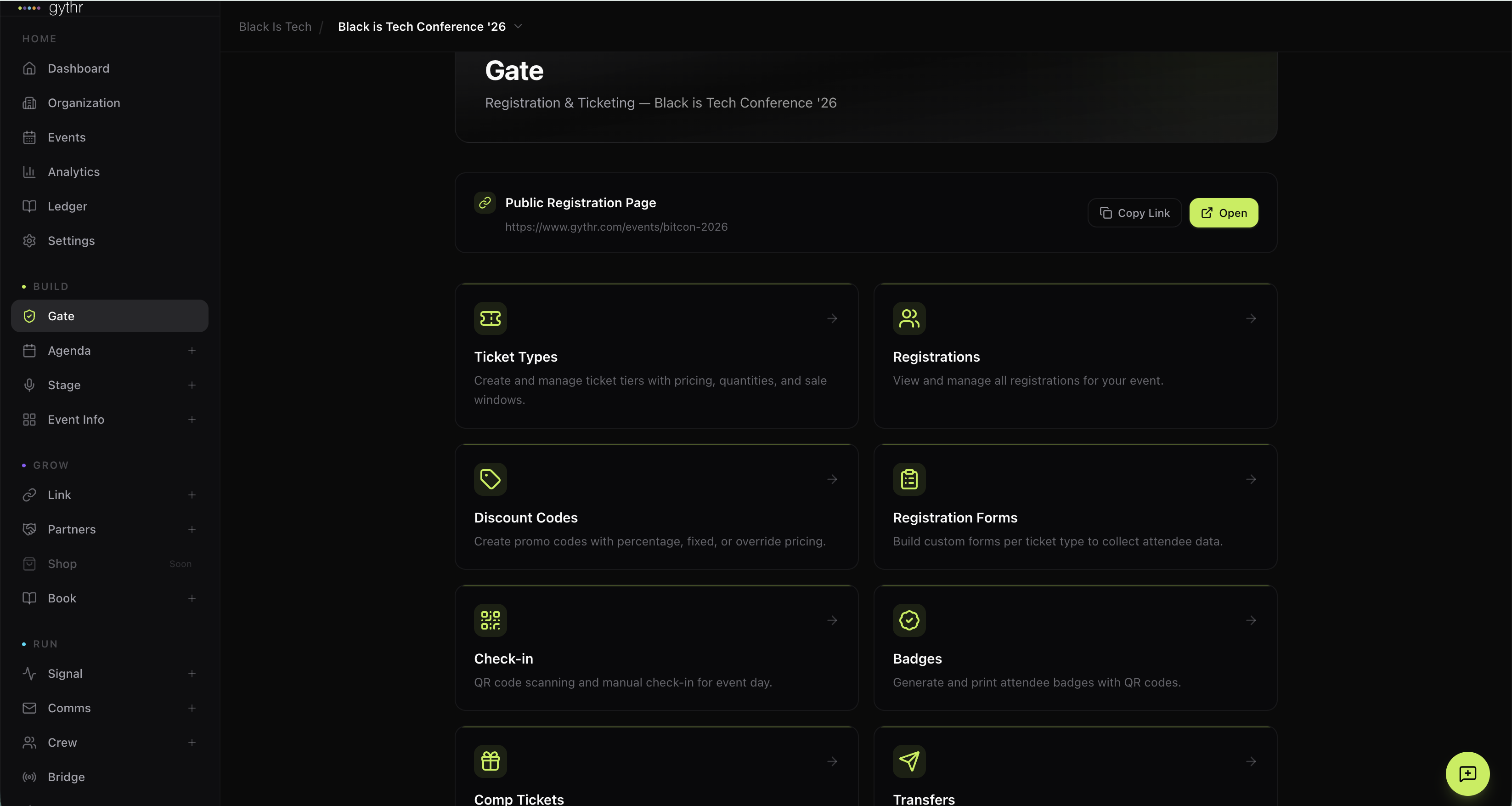 Gate module home showing ticket types, registrations, check-in, and badge tools