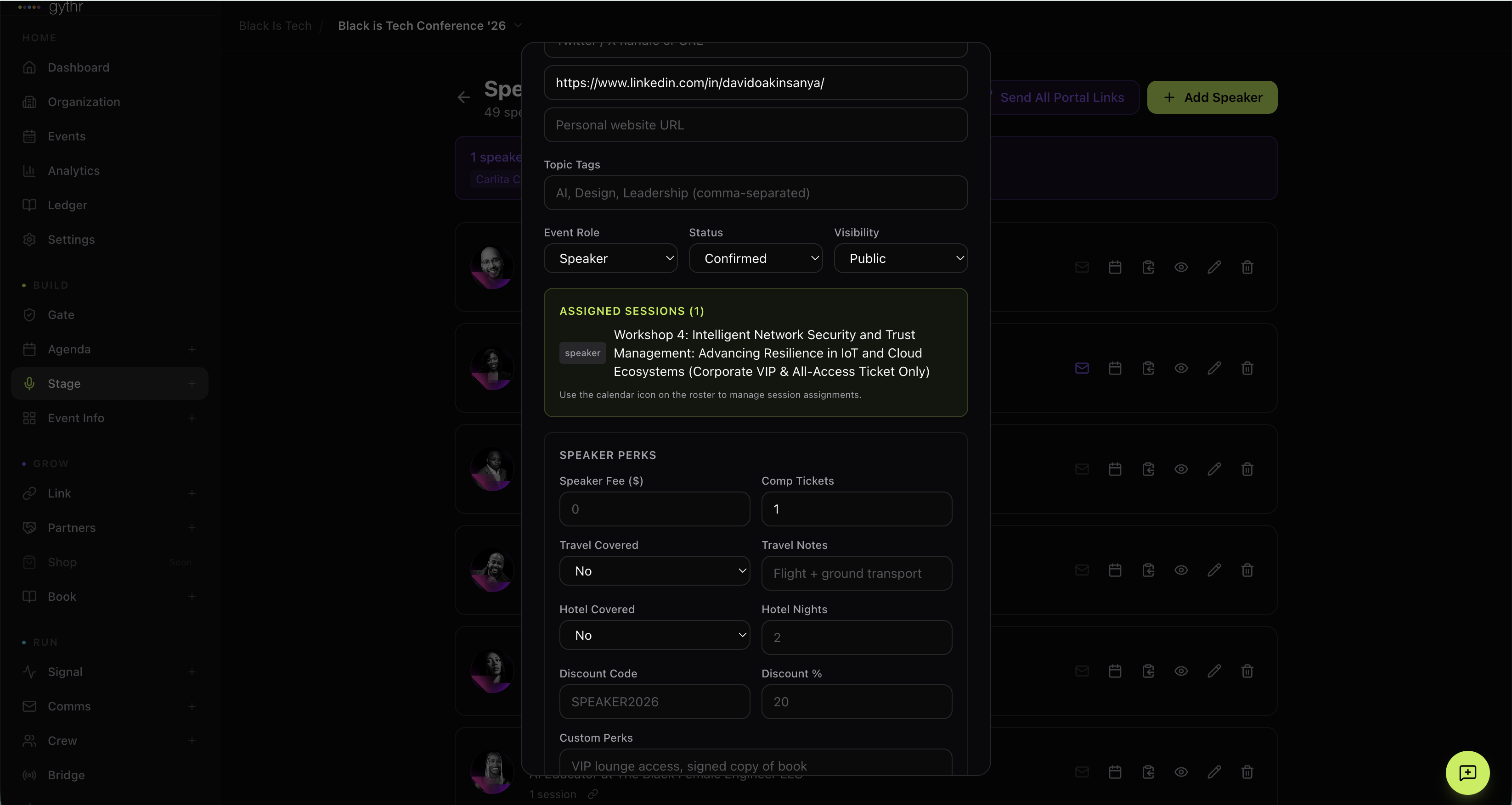 Stage speaker edit panel showing assigned sessions, perks, and travel details